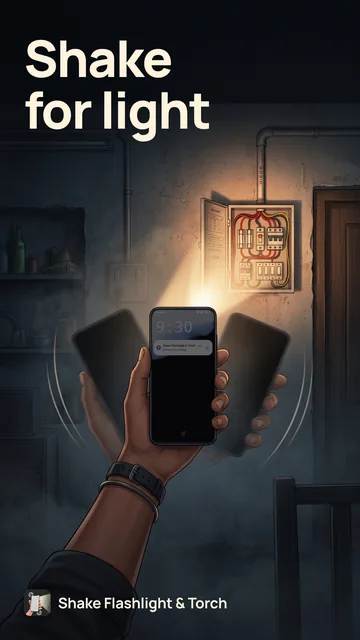 Store image “Shake for light”: a hand shakes a phone in a dark room and its flashlight comes on