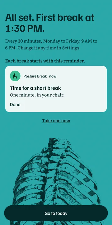 Posture Break: the All set screen, with the first break scheduled
